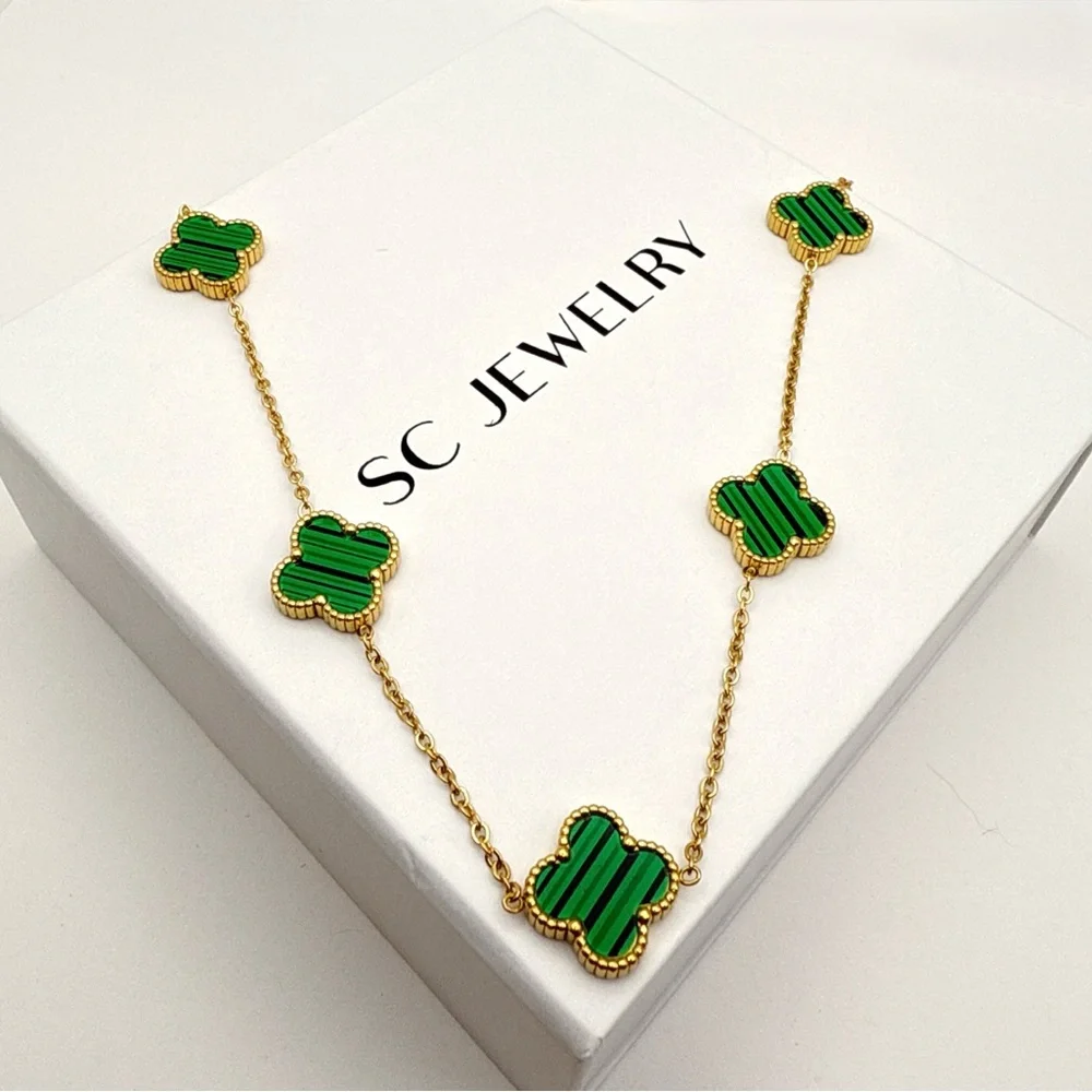 Malachite Clover Necklace Double Sided Stainless Steel 5 Clover